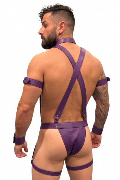 Mysteryglove Purple PU Leather Full Harness Set, X-Back Suspenders + Collar + Wrist Cuffs + Thigh Straps
