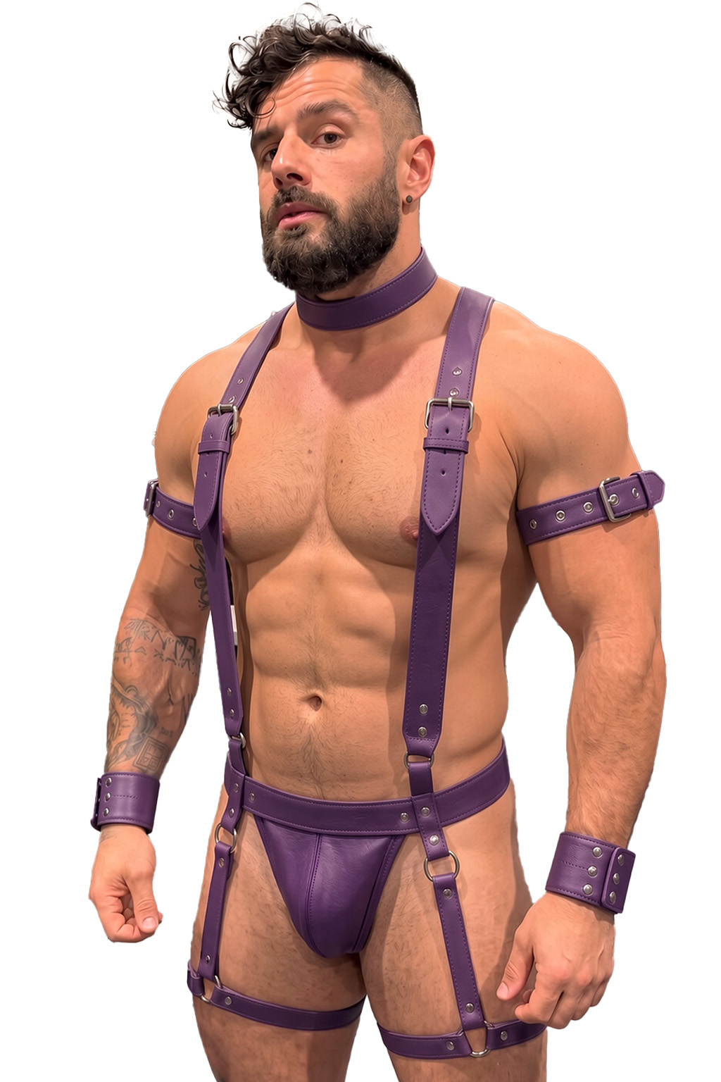 Mysteryglove Purple PU Leather Full Harness Set, X-Back Suspenders + Collar + Wrist Cuffs + Thigh Straps