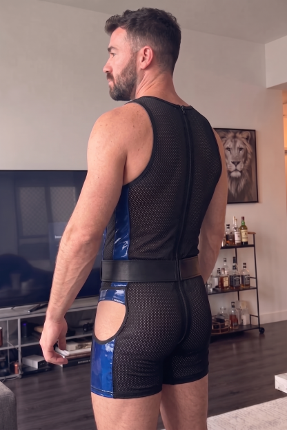 Mysteryglove Mesh & Gloss PU Leather Singlet, Blue Contrast Panels + Chest Cutout + Back Zip