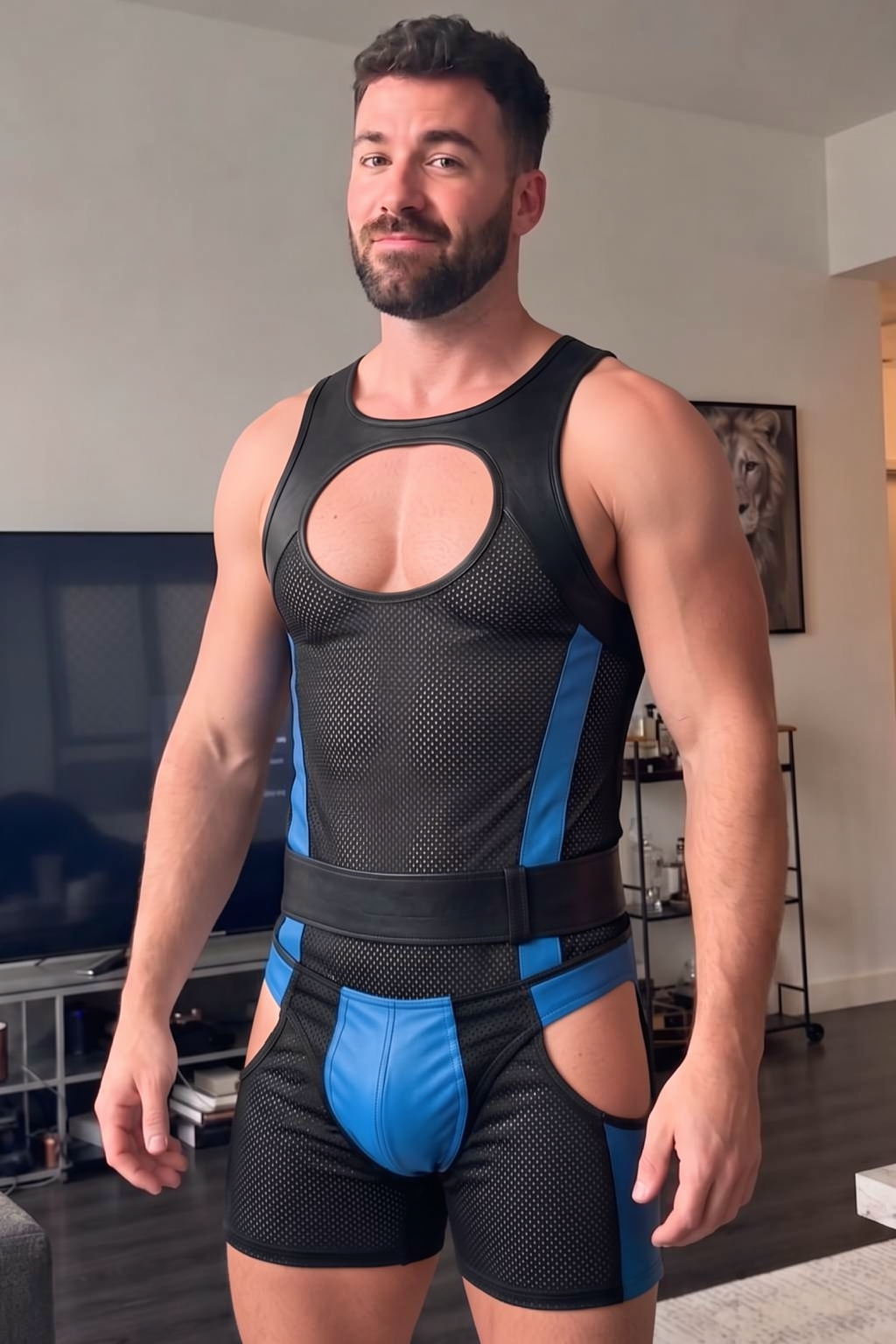 Mysteryglove Mesh & Gloss PU Leather Singlet, Blue Contrast Panels + Chest Cutout + Back Zip