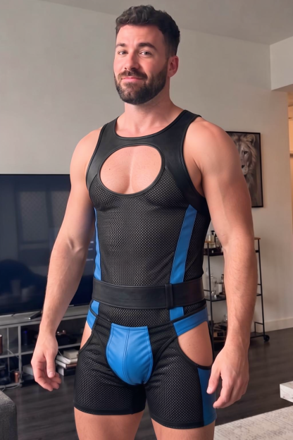 Mysteryglove Mesh & Gloss PU Leather Singlet, Blue Contrast Panels + Chest Cutout + Back Zip