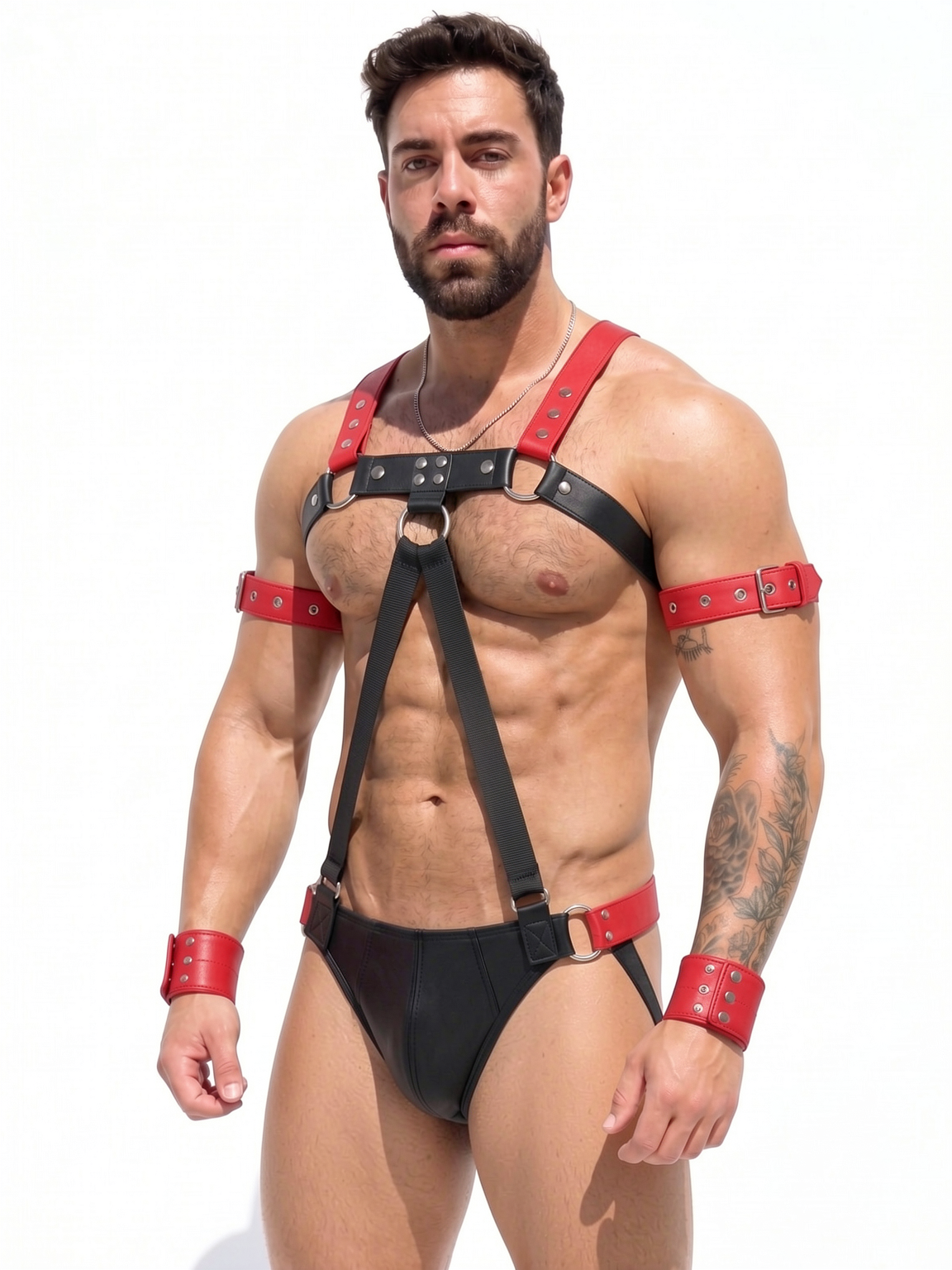 Mysteryglove Red & Black PU Leather Harness Jockstrap Set, O-Ring Chest Strap + Suspender Front + Open-Seat Back