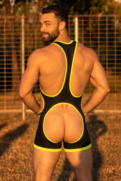 Mysteryglove Black Mesh Wrestling Singlet, Neon Yellow Trim + Deep U-Front + Open-Seat Back