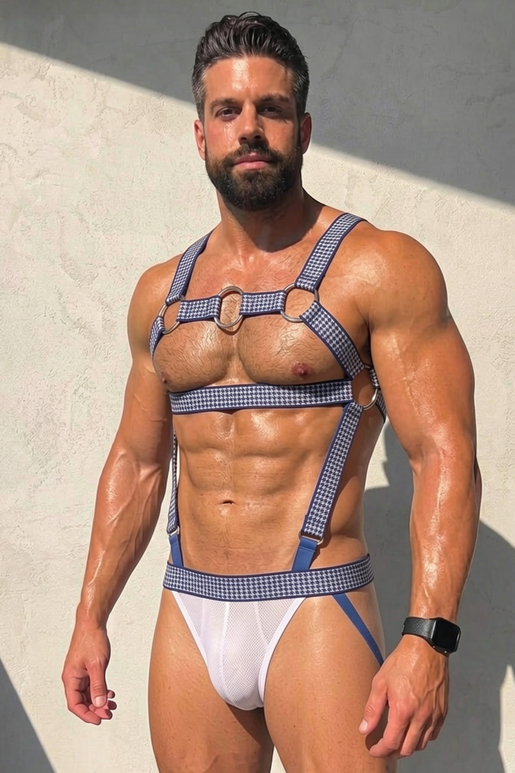Mysteryglove Plaid Strap Harness Jockstrap Set, X-Back O-Ring + White Mesh Pouch + Blue Trim