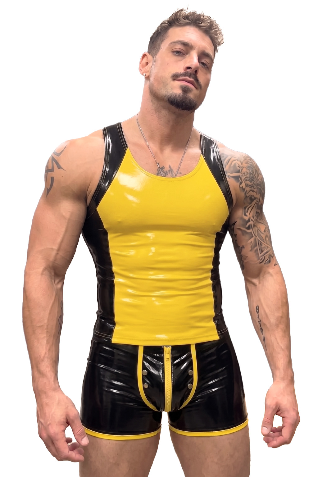 Mysteryglove Yellow & Black Gloss PU Leather Singlet, Sleeveless One-Piece with Full Back Zipper