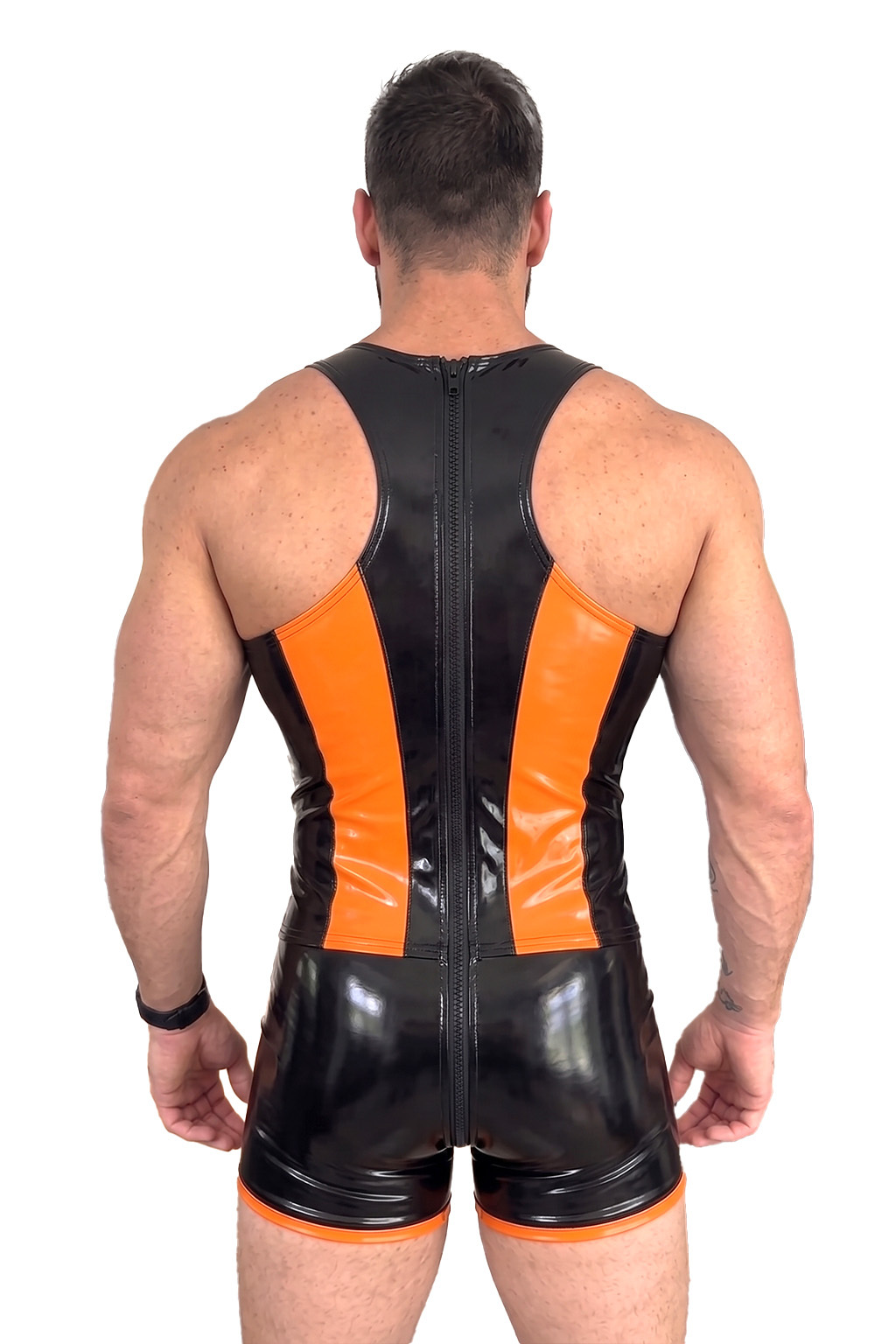 Mysteryglove Orange & Black Gloss PU Leather Singlet, Sleeveless One-Piece with Full Back Zipper