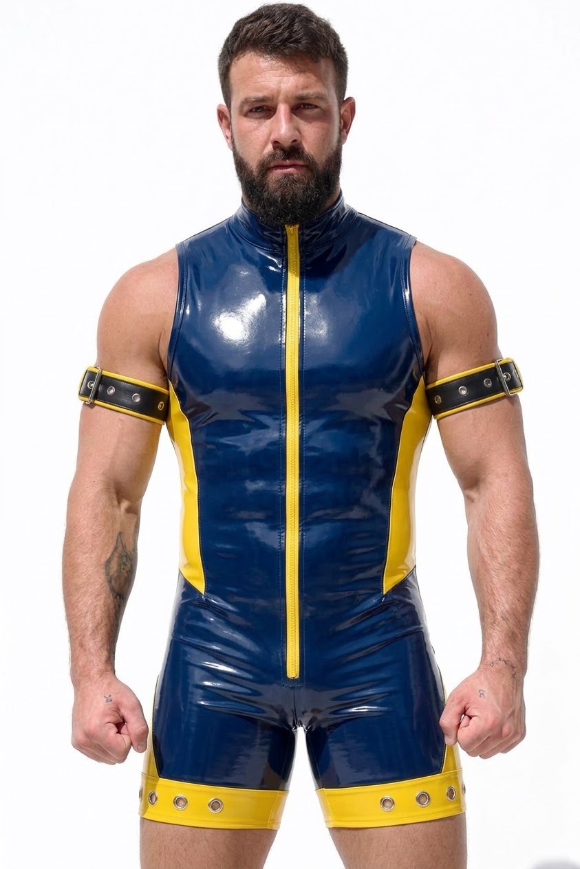 Mysteryglove Navy Blue & Yellow Gloss PU Leather Bodysuit, Front Zip One-Piece with Open-Back Cutout + Arm Bands
