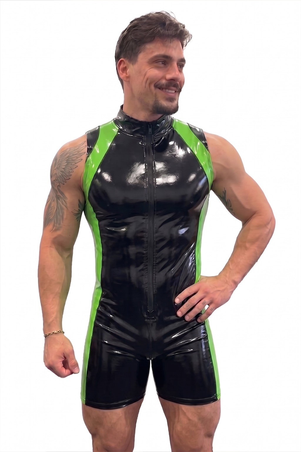 Mysteryglove Black & Neon Green Gloss PU Leather Singlet Bodysuit, Front Zip + Open-Seat Back + Contrast Panels