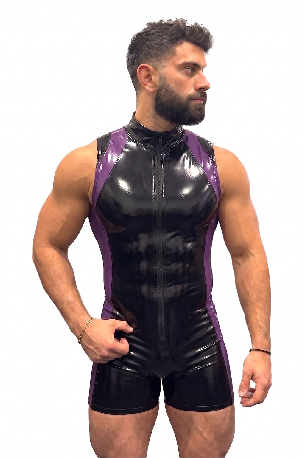 Mysteryglove Black & Neon Green Gloss PU Leather Singlet Bodysuit, Front Zip + Open-Seat Back + Contrast Panels