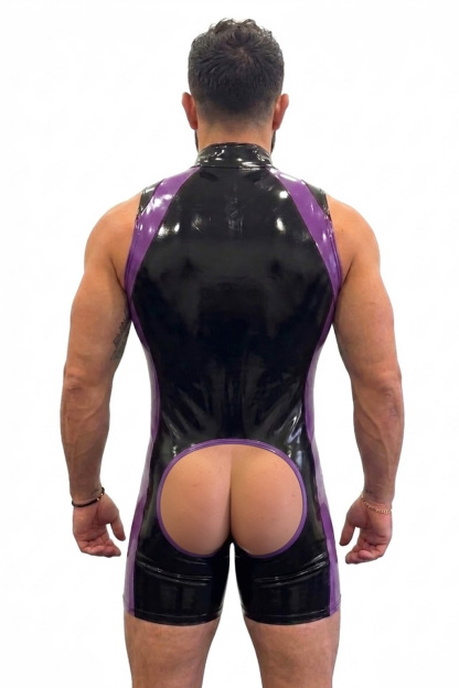 Mysteryglove Black & Neon Green Gloss PU Leather Singlet Bodysuit, Front Zip + Open-Seat Back + Contrast Panels