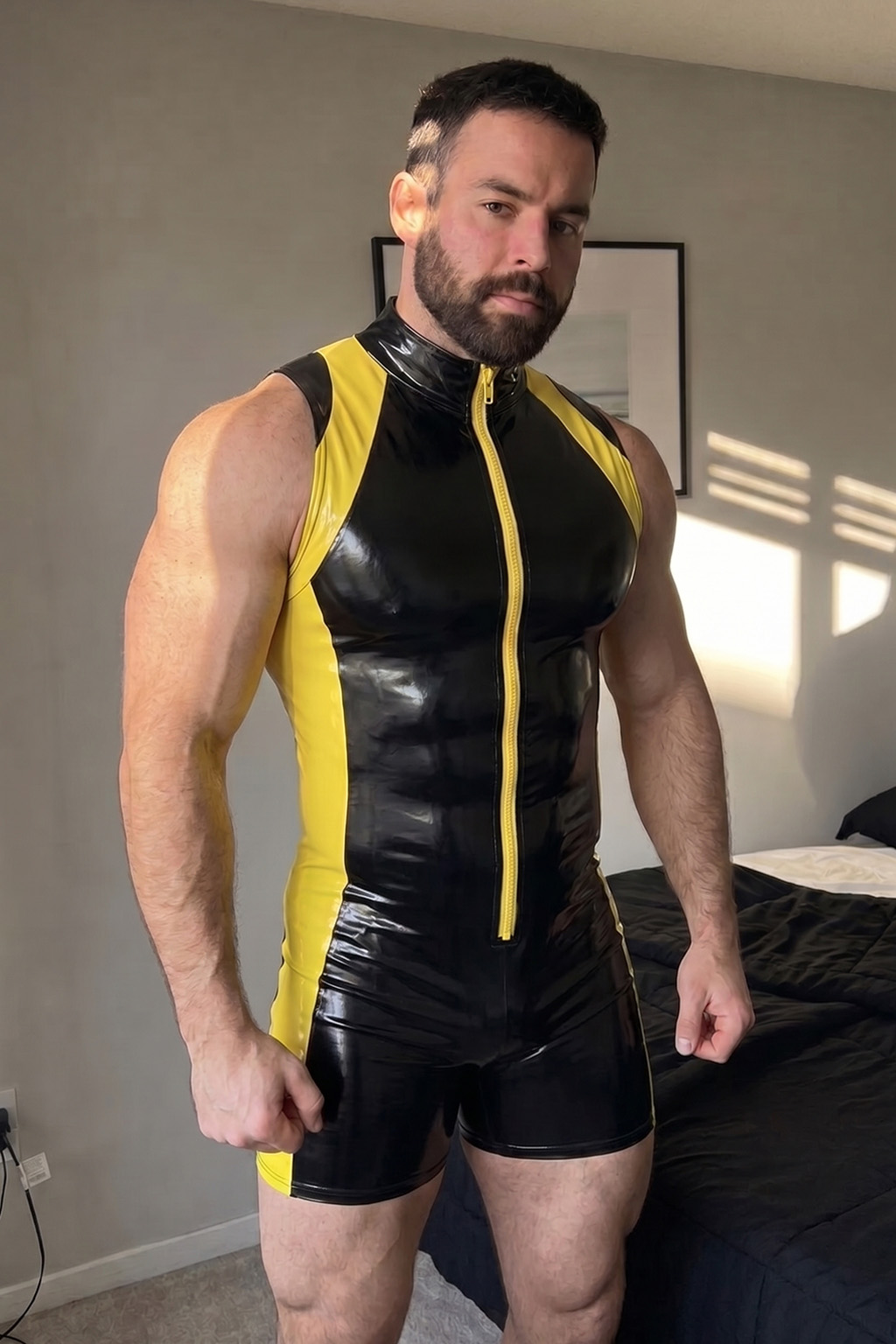 Mysteryglove Black & Neon Green Gloss PU Leather Singlet Bodysuit, Front Zip + Open-Seat Back + Contrast Panels