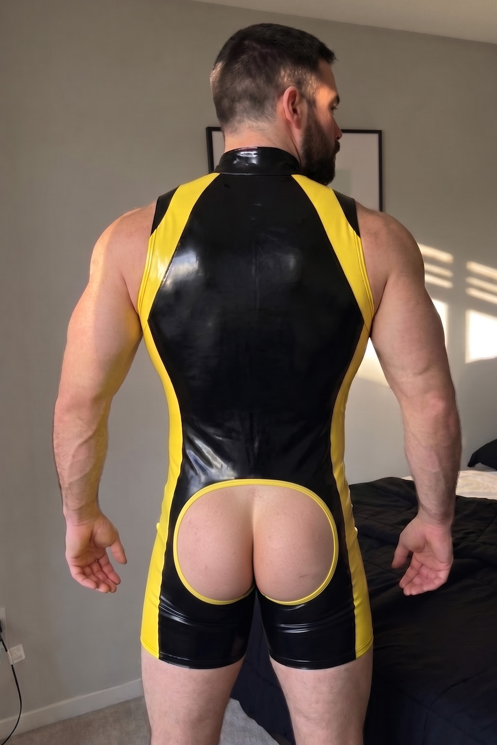 Mysteryglove Black & Yellow Gloss PU Leather Singlet Bodysuit, Front Zip + Open-Seat Back + Contrast Panels