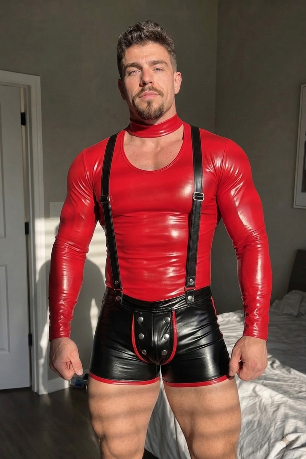 Mysteryglove Red & Black Gloss PU Leather Harness Bodysuit, Long Sleeve Top + Suspender Shorts Set