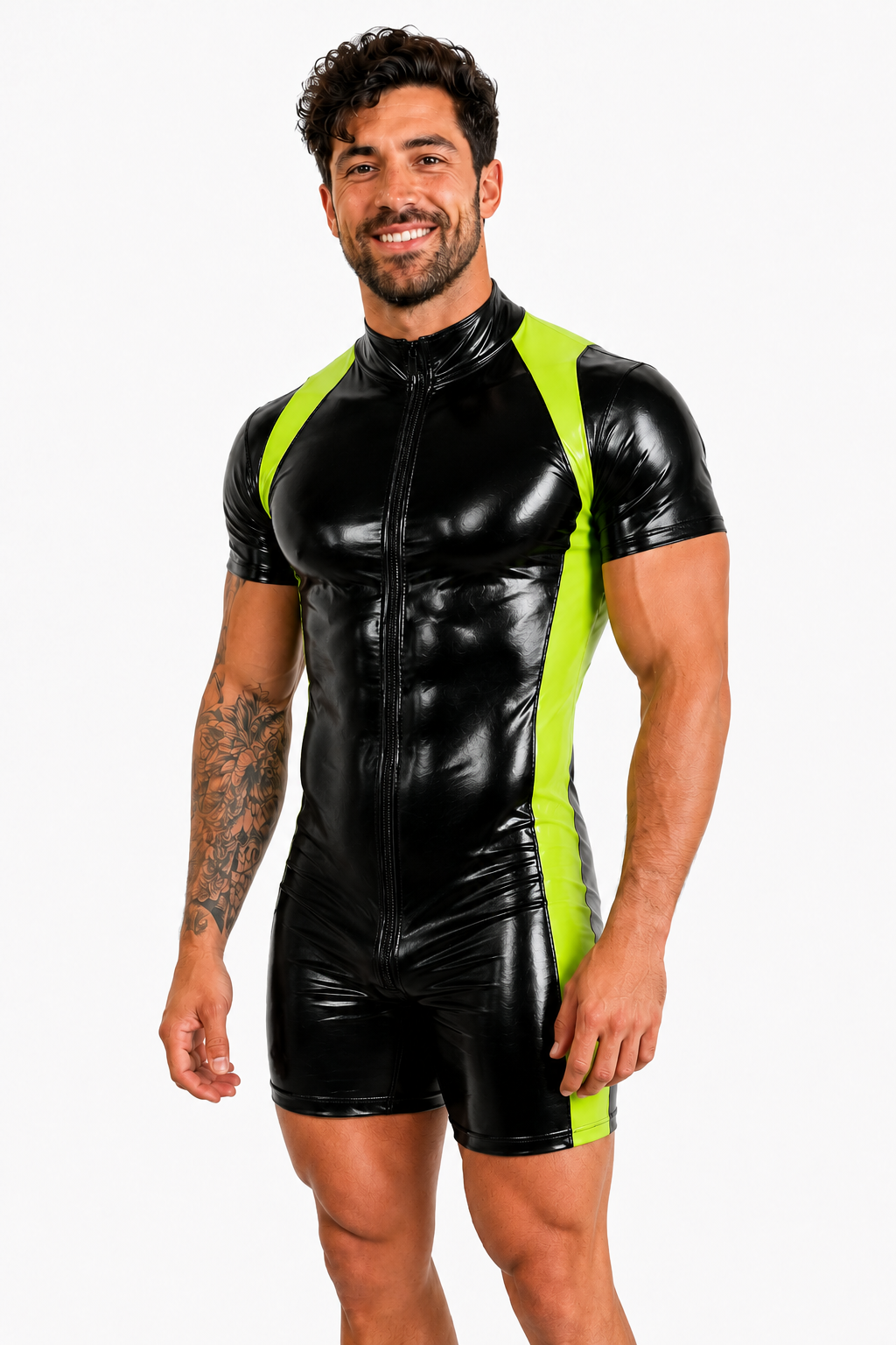 Mysteryglove Black & Blue Gloss PU Leather Singlet Bodysuit, Mesh Panel Design + Front Zip + Open Back