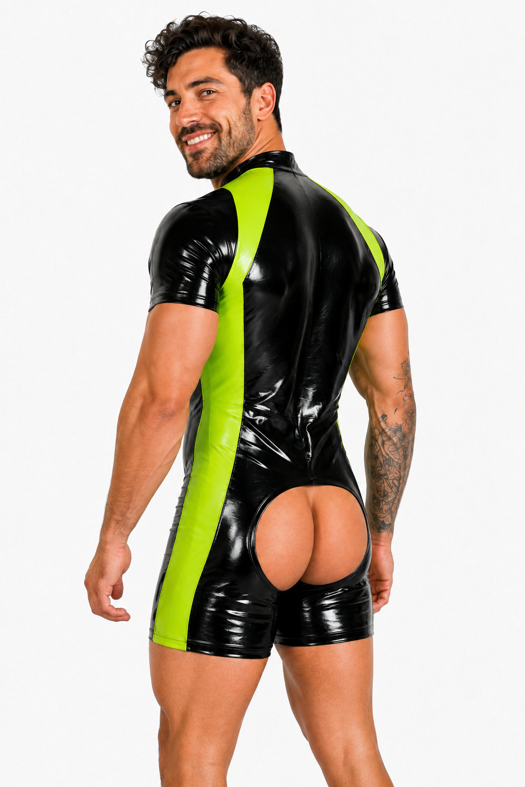Mysteryglove Black & Blue Gloss PU Leather Singlet Bodysuit, Mesh Panel Design + Front Zip + Open Back