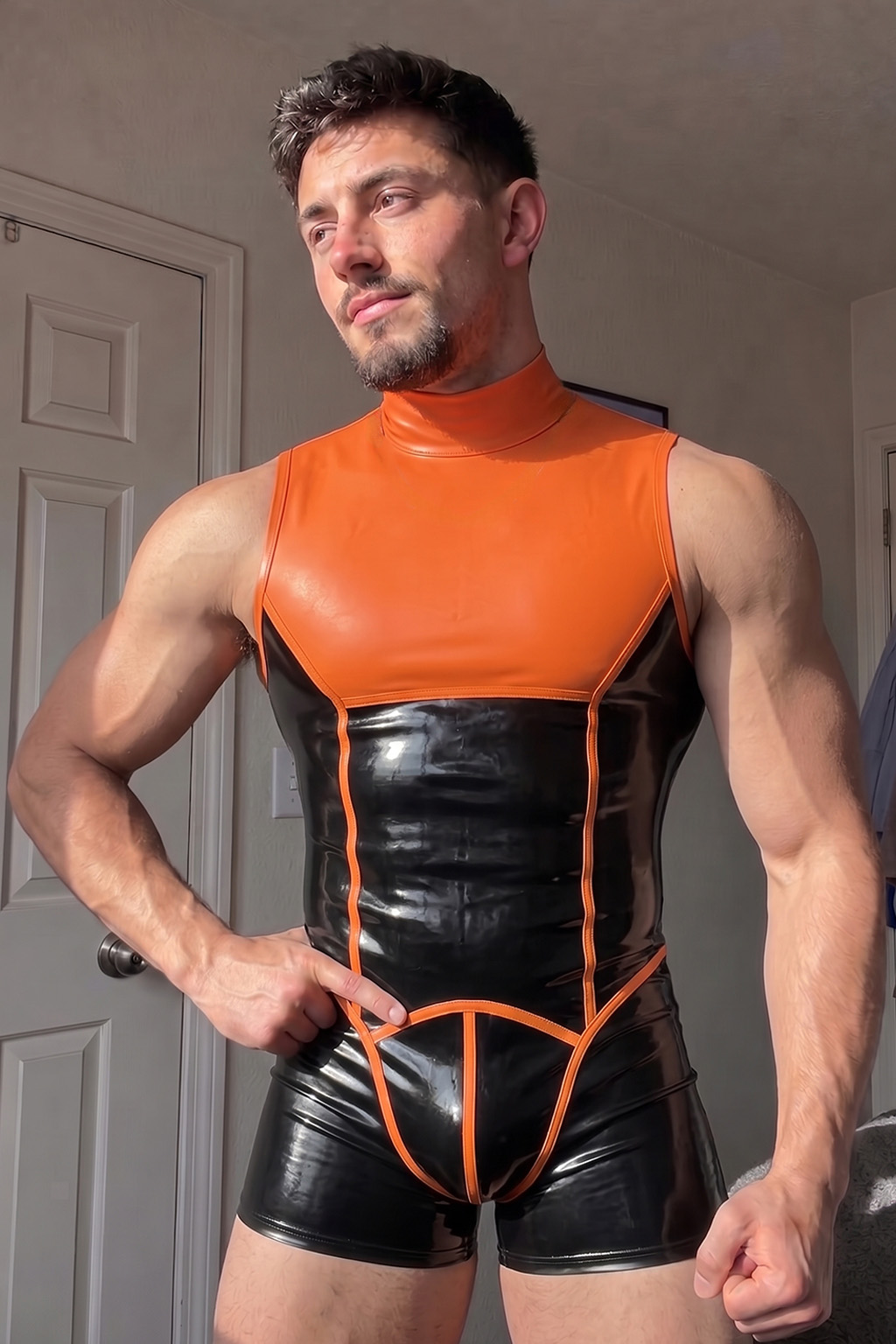 Mysteryglove Black & Orange Gloss PU Leather Singlet Bodysuit, Colorblock Panel Design + Full Back Zip + Contrast Trim
