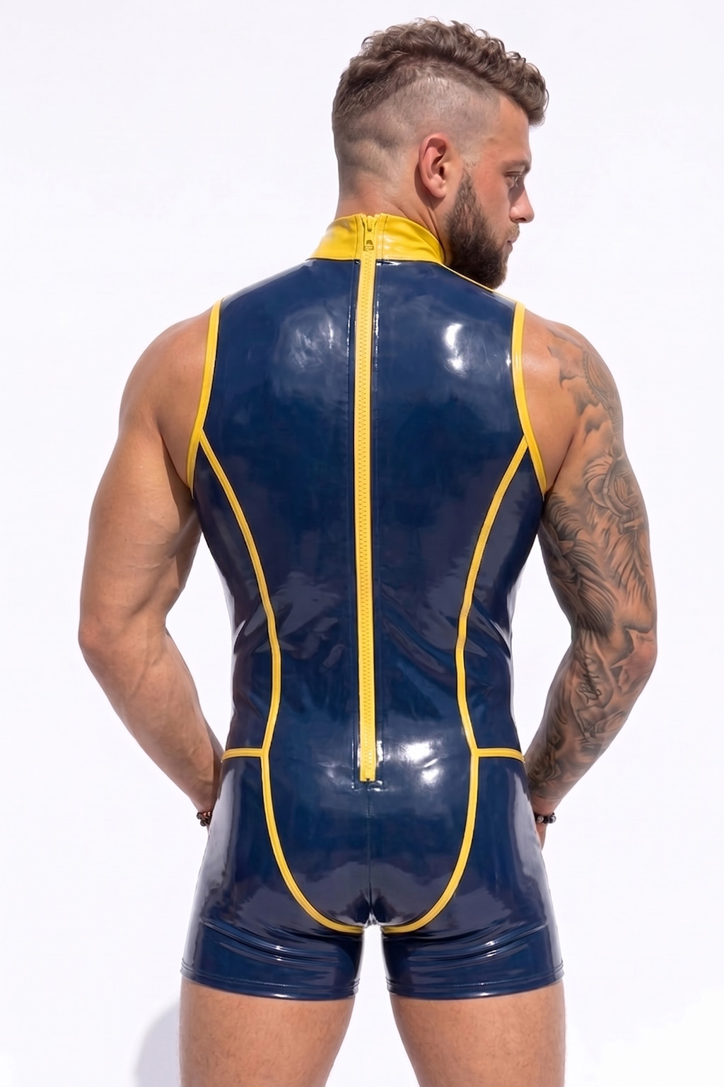 Mysteryglove Navy Blue & Yellow Gloss PU Leather Singlet Bodysuit, Colorblock Panel Design + Full Back Zip + High Neck