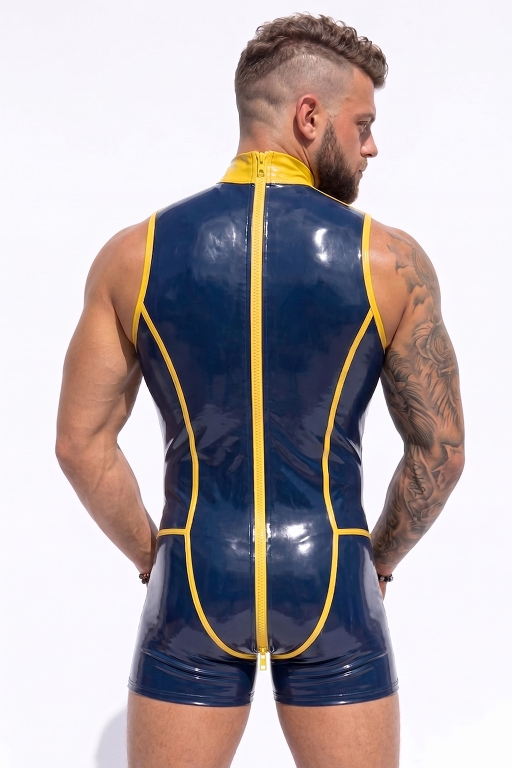 Mysteryglove Black & Orange Gloss PU Leather Singlet Bodysuit, Colorblock Panel Design + Full Back Zip + Contrast Trim