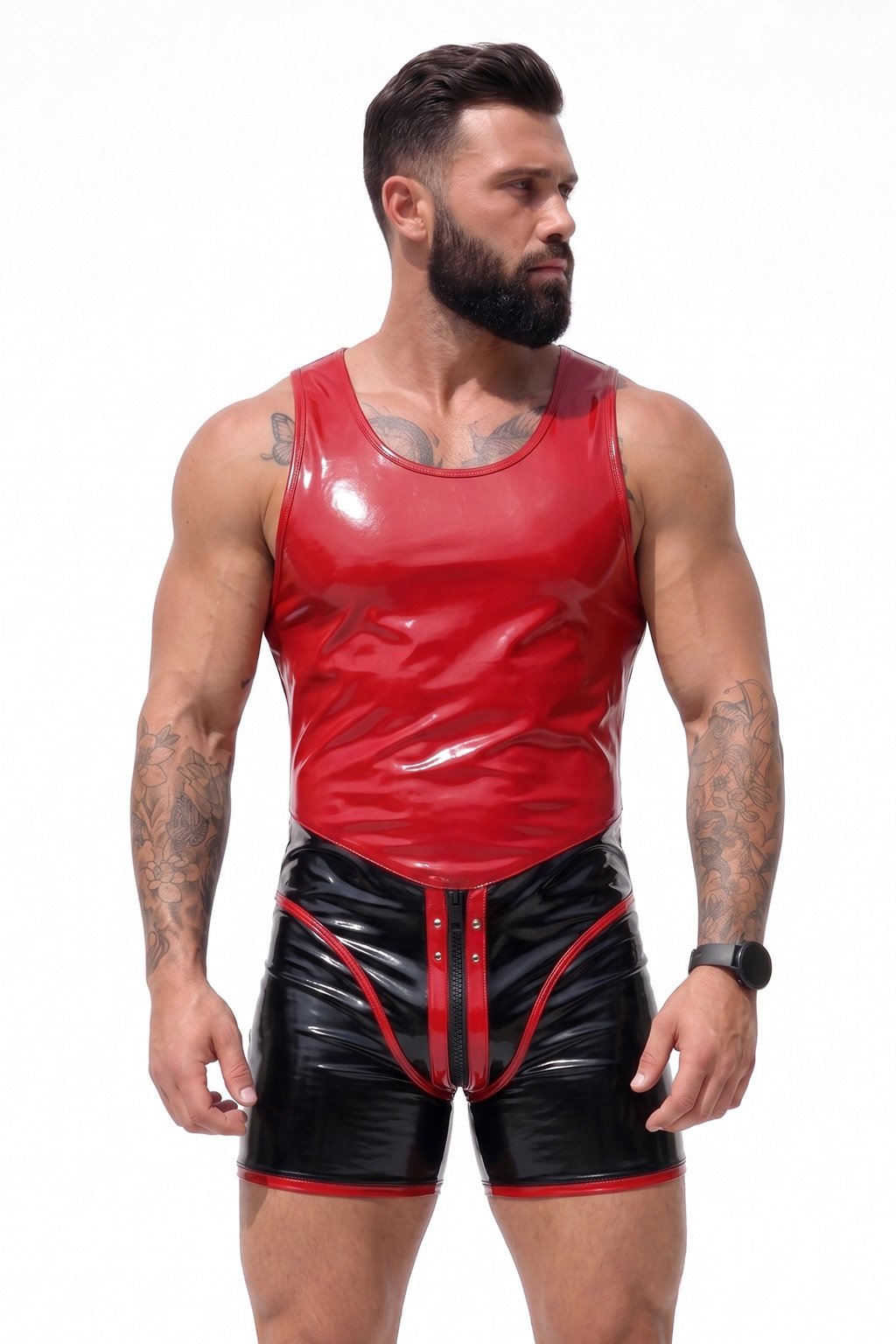 Mysteryglove Red & Black Gloss PU Leather Singlet Bodysuit, Colorblock Panel Design + Front Zip + High Neck