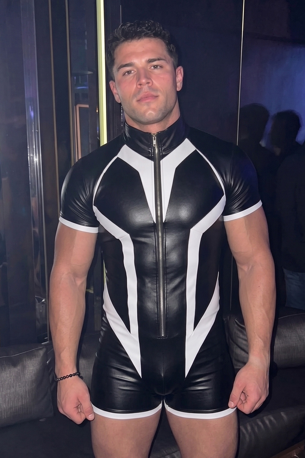 Mysteryglove Black & White Gloss PU Leather Singlet Bodysuit, Contrast Panel Design + Front Zip + Short Sleeve