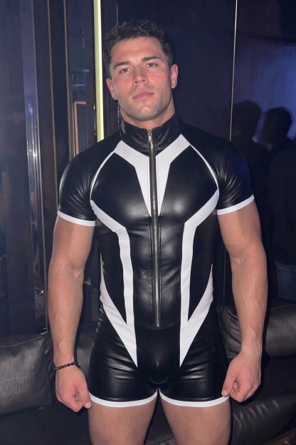Mysteryglove Black & White Gloss PU Leather Singlet Bodysuit, Contrast Panel Design + Front Zip + Short Sleeve
