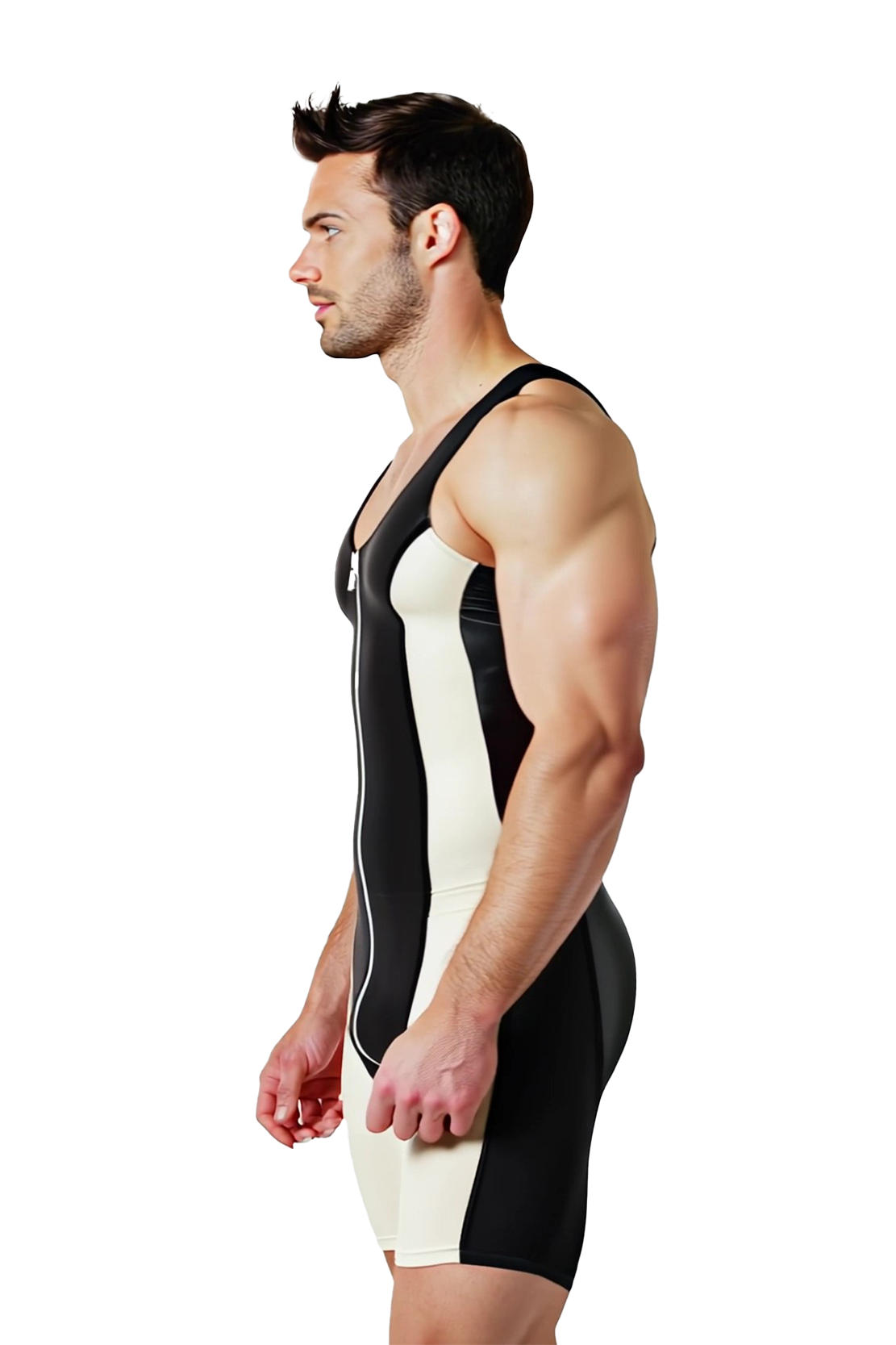 Mysteryglove Men’s PU Leather Wrestling Singlet – Red & White Racerback Bodysuit with Front Zip