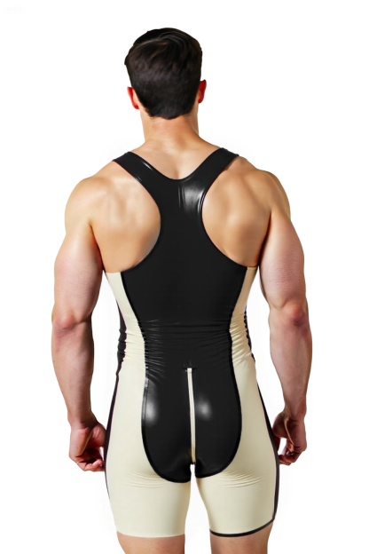 Mysteryglove Men’s PU Leather Wrestling Singlet – Red & White Racerback Bodysuit with Front Zip