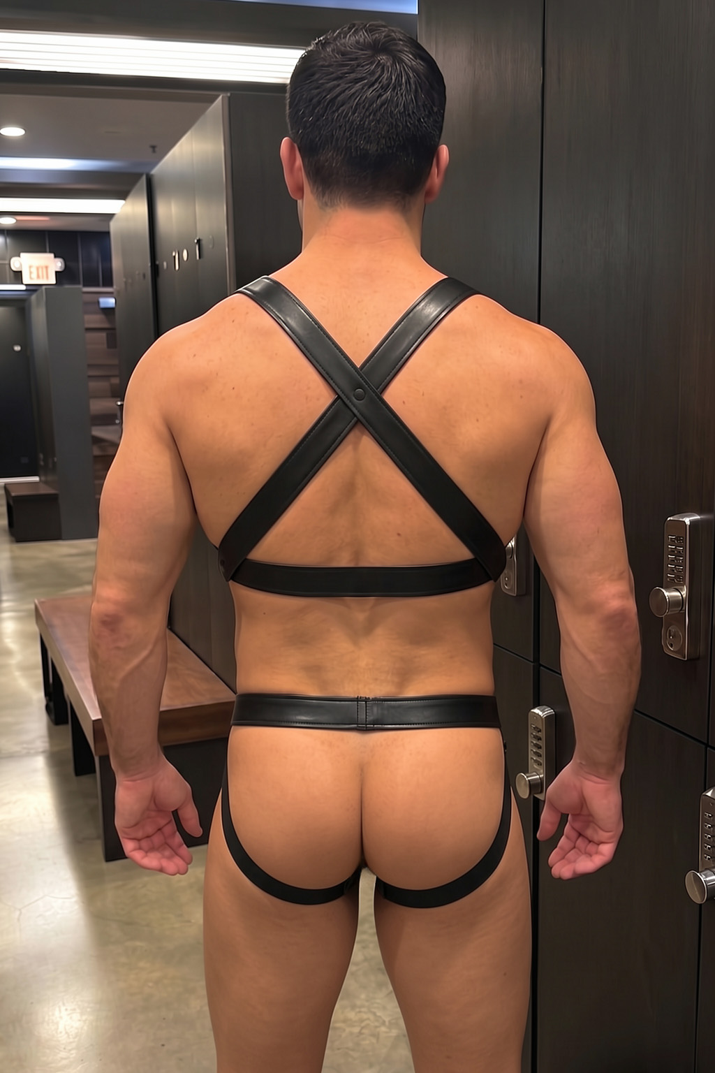 Mysteryglove Black PU Leather Harness Set, X-Back Chest Straps + O-Ring Detail + Matching Jock Briefs