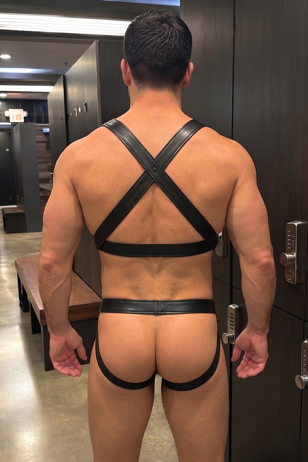 Mysteryglove Black PU Leather Harness Set, X-Back Chest Straps + O-Ring Detail + Matching Jock Briefs