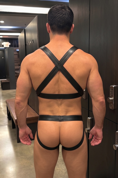 Mysteryglove Black PU Leather Harness Set, X-Back Chest Straps + O-Ring Detail + Matching Jock Briefs