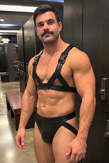 Mysteryglove Black PU Leather Harness Set, X-Back Chest Straps + O-Ring Detail + Matching Jock Briefs