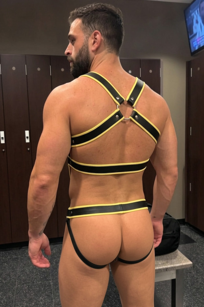Mysteryglove Black & Yellow PU Leather Harness Set, X-Back Chest Straps + O-Ring Hardware + Matching Jock Bottom