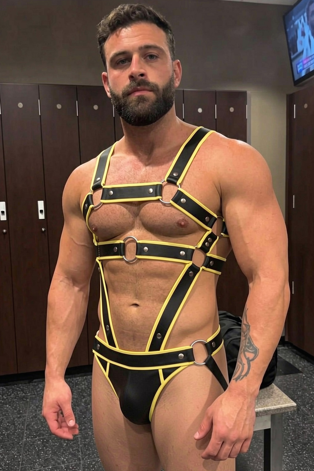 Mysteryglove Black & Yellow PU Leather Harness Set, X-Back Chest Straps + O-Ring Hardware + Matching Jock Bottom