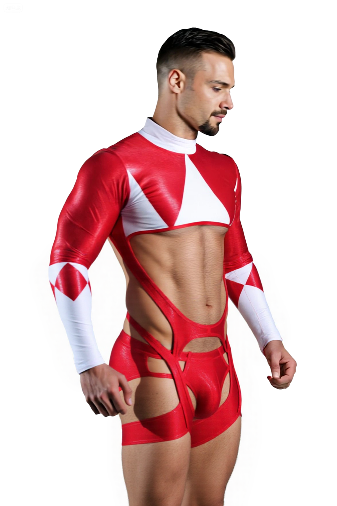 Mysteryglove Men’s PU Leather Cutout Bodysuit – Red& White Geometric Long Sleeve Open Chest Design