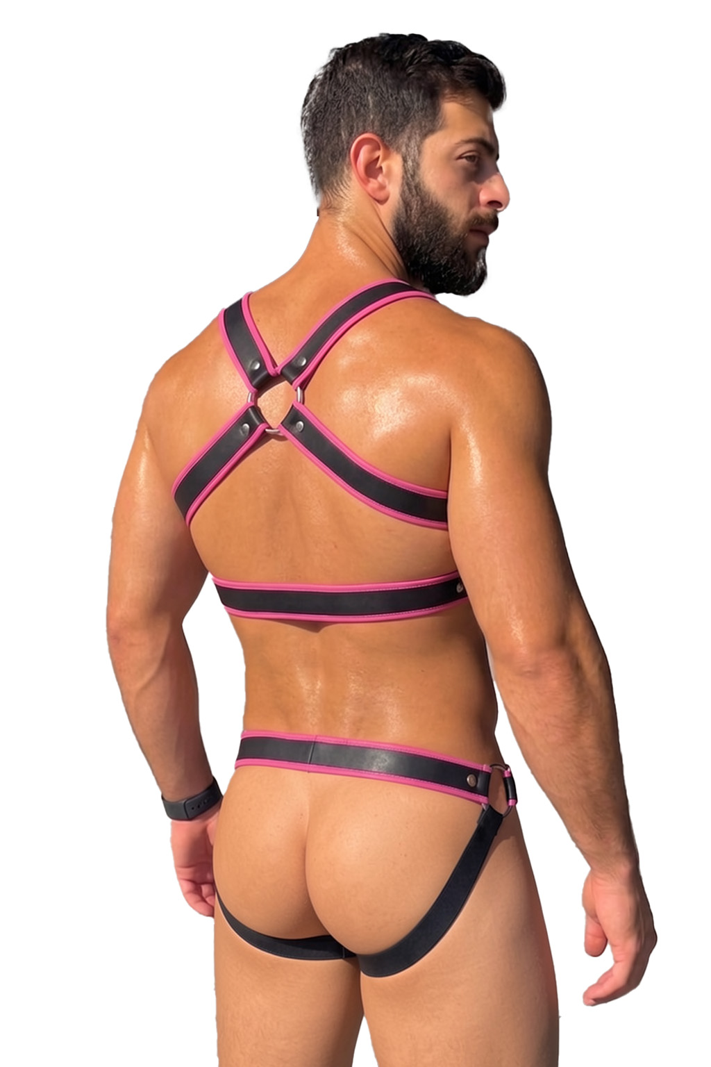 Mysteryglove Black & Yellow PU Leather Harness Set, X-Back Chest Straps + O-Ring Hardware + Matching Jock Bottom