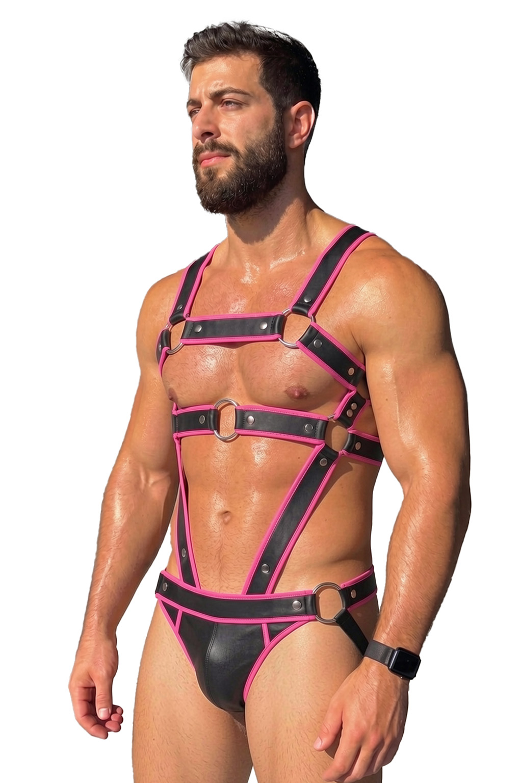 Mysteryglove Black & Yellow PU Leather Harness Set, X-Back Chest Straps + O-Ring Hardware + Matching Jock Bottom