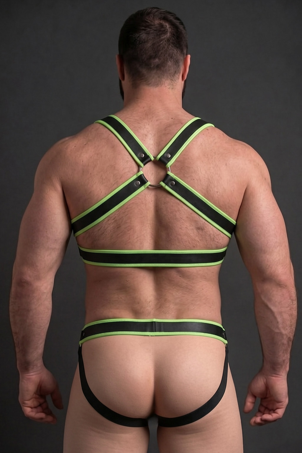 Mysteryglove Black & Yellow PU Leather Harness Set, X-Back Chest Straps + O-Ring Hardware + Matching Jock Bottom