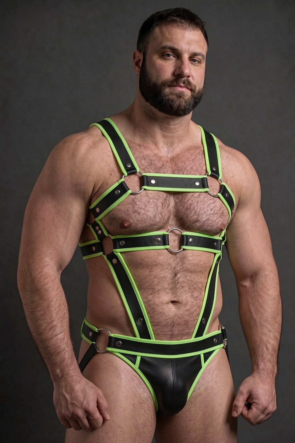 Mysteryglove Black & Yellow PU Leather Harness Set, X-Back Chest Straps + O-Ring Hardware + Matching Jock Bottom