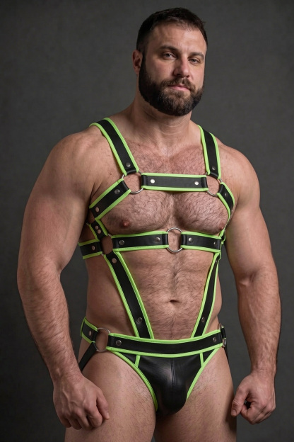 Mysteryglove Black & Yellow PU Leather Harness Set, X-Back Chest Straps + O-Ring Hardware + Matching Jock Bottom