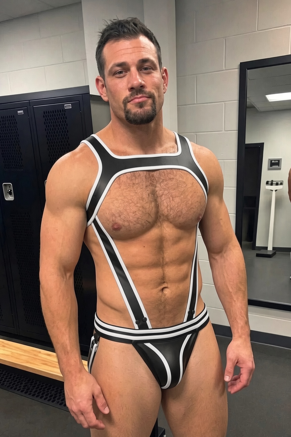Mysteryglove Black & White PU Leather Harness Jockstrap Set, O-Ring X-Back Design