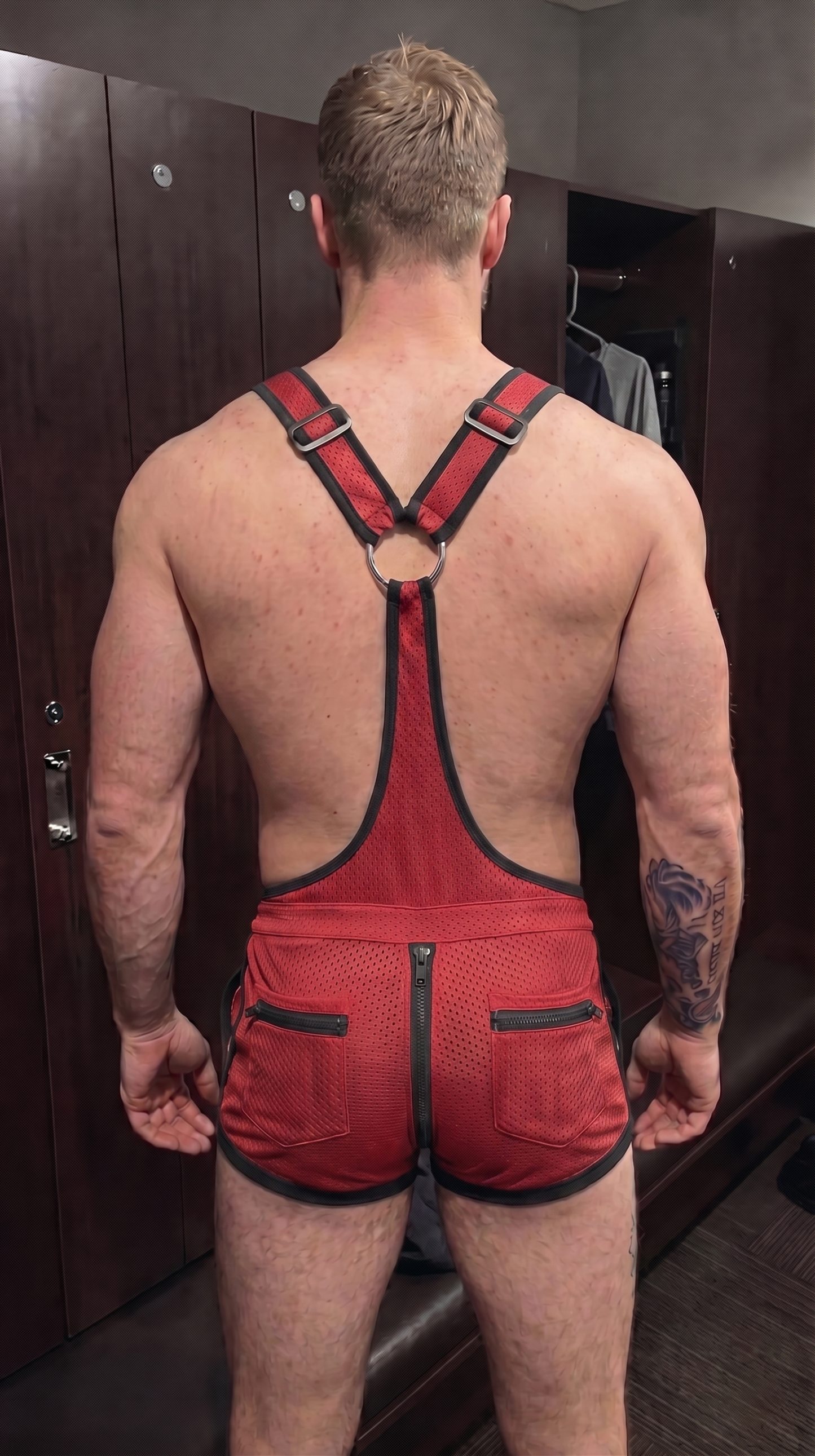 Mysteryglove Red Mesh Suspender Set, Open-Side Bib Top + Zip-Front Pocket Shorts