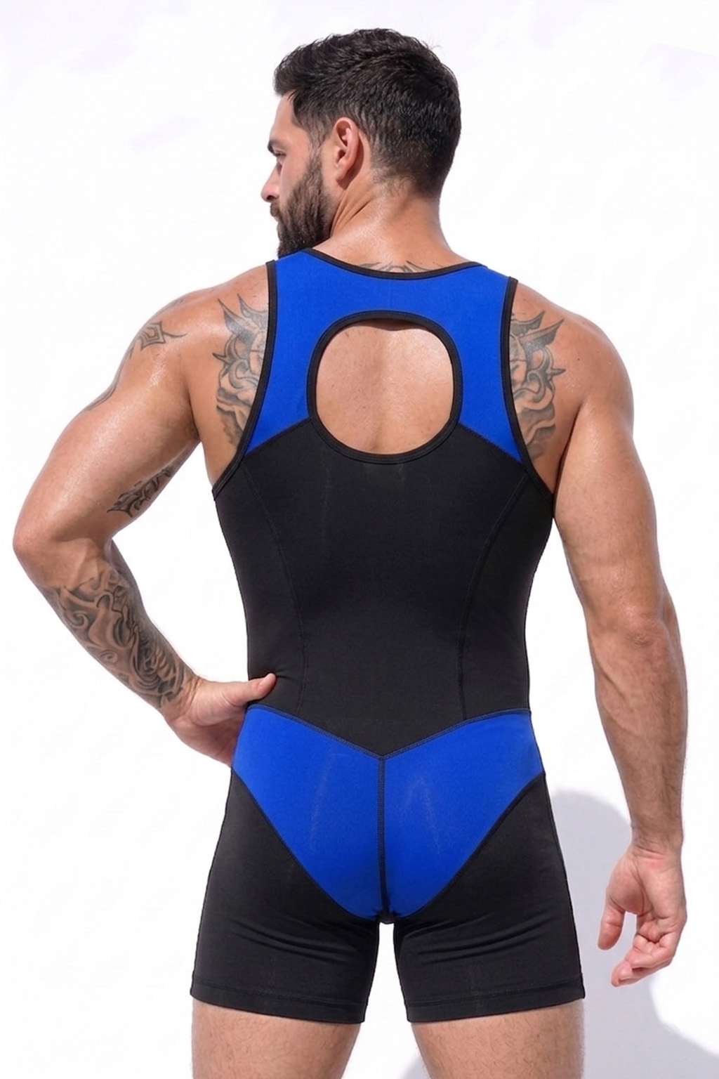 Mysteryglove Black & Blue Mesh Singlet Bodysuit, Front Full-Length Zip + Contrast Panel Design + Open Back Detail