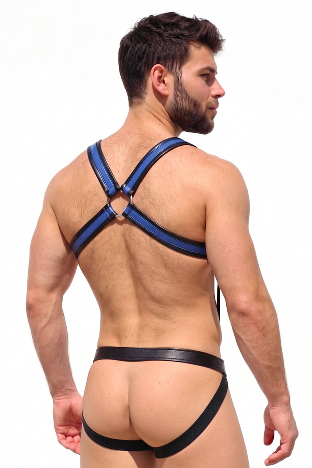 Mysteryglove Black & Blue PU Leather Harness Set, X-Back Chest Straps + O-Ring Hardware + Matching Jock Bottom