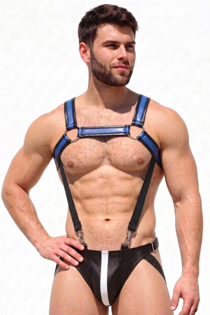 Mysteryglove Black & Blue PU Leather Harness Set, X-Back Chest Straps + O-Ring Hardware + Matching Jock Bottom