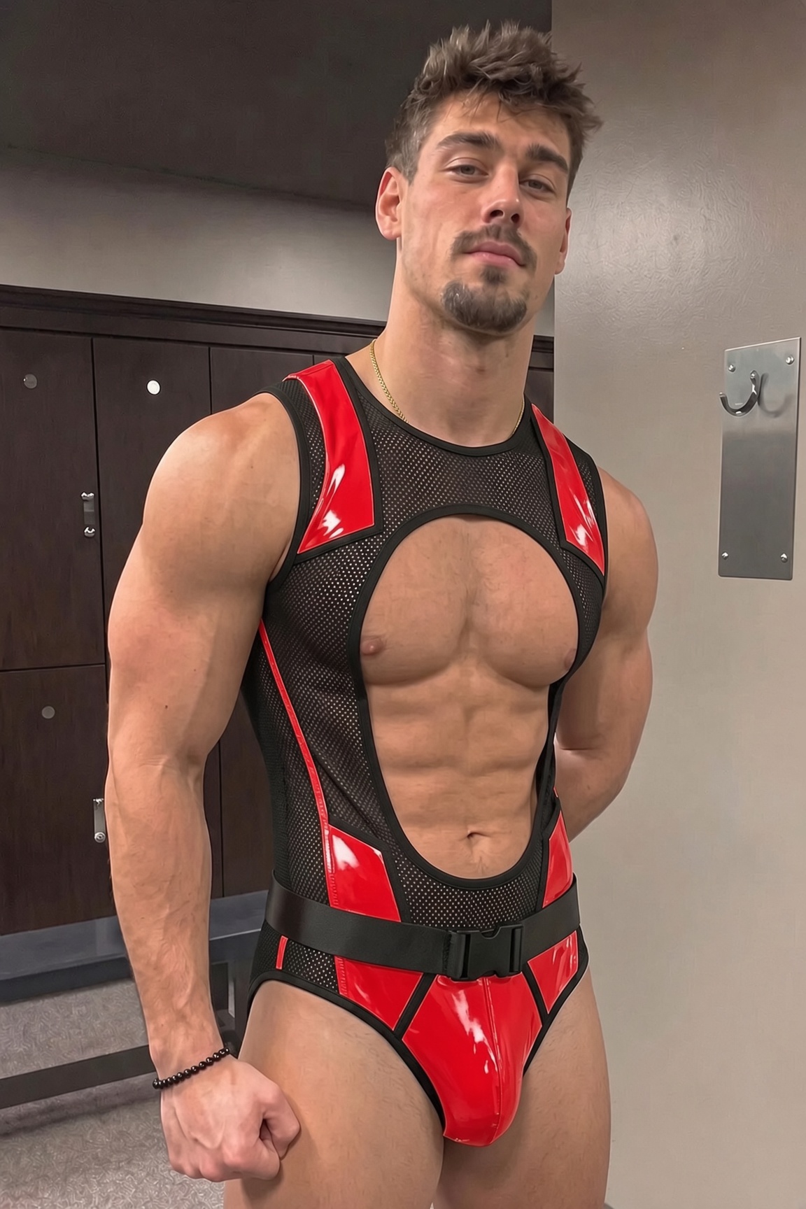 Mysteryglove Mesh & Gloss PU Leather Singlet, Yellow Panel Design with Open Back