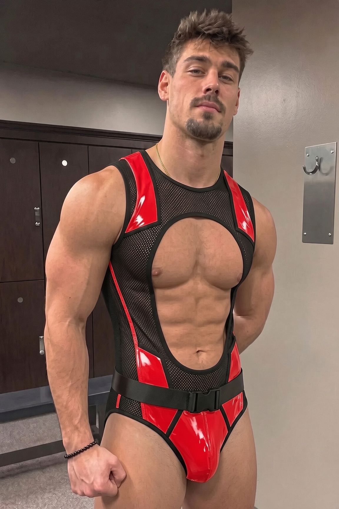 Mysteryglove Mesh & Gloss PU Leather Singlet, Yellow Panel Design with Open Back