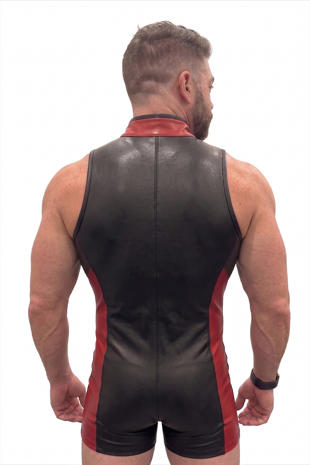 Mysteryglove Black & Red Gloss PU Leather Singlet Bodysuit, Front Full-Length Zip + Mesh Side Panels + Contrast Design