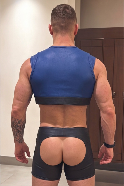 Mysteryglove Blue & Black PU Leather Harness Vest Set, Cropped Vest Top + Open-Back Jock Shorts Design