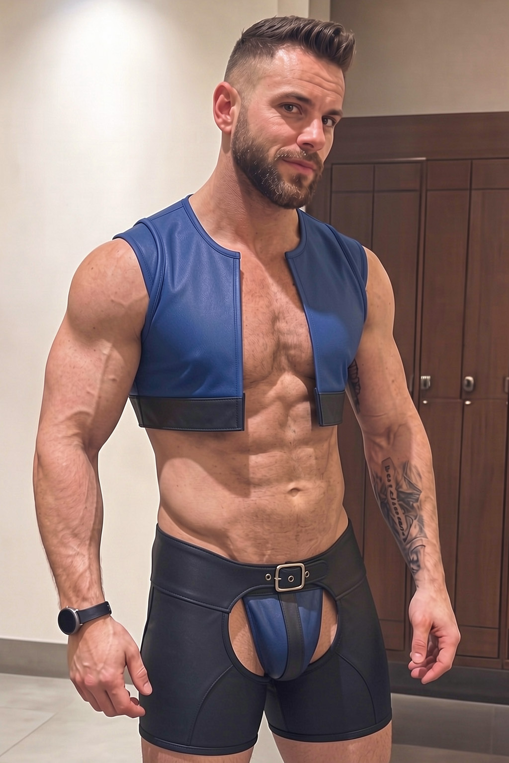 Mysteryglove Blue & Black PU Leather Harness Vest Set, Cropped Vest Top + Open-Back Jock Shorts Design