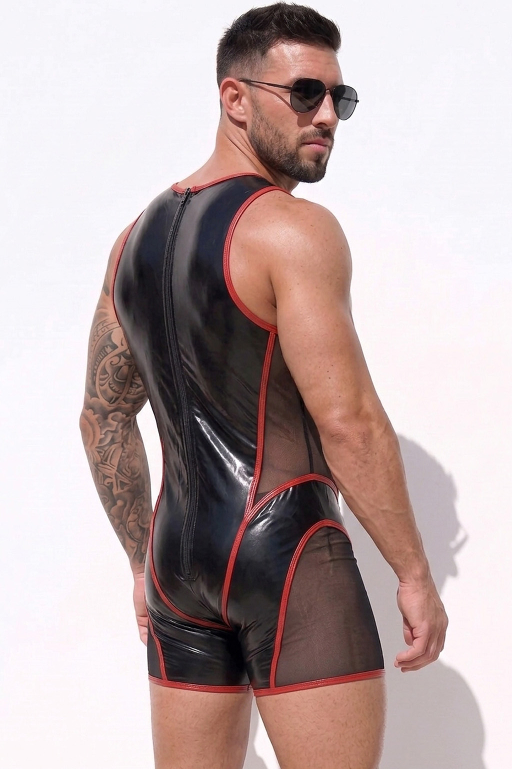 Mysteryglove Black & Red Gloss PU Leather Mesh Singlet Bodysuit, Front Full-Length Zip + Red Contrast Trim + Side Mesh Panels